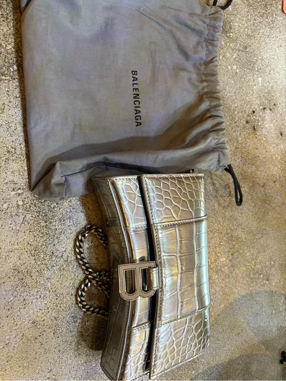 Balenciaga Metallic Silver Croc-Embossed B-Buckle Wallet